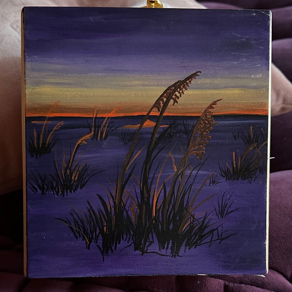 Elegant Purple and Gold Landscape Painting wood box purse hand painted - Picture 3 of 10